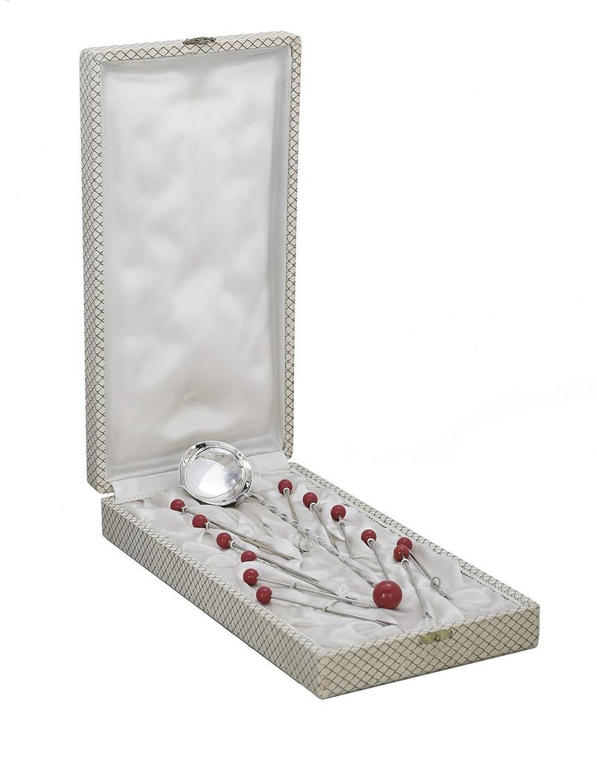 French Art Deco Cocktail Picks and Bar Spoon: Cased Set of French Art Deco Cocktail Picks and Bar Spoon second quarter 20th century, including a chrome-plated square-twist stem bar spoon and twelve cocktail picks, each with a spherical plastic fa