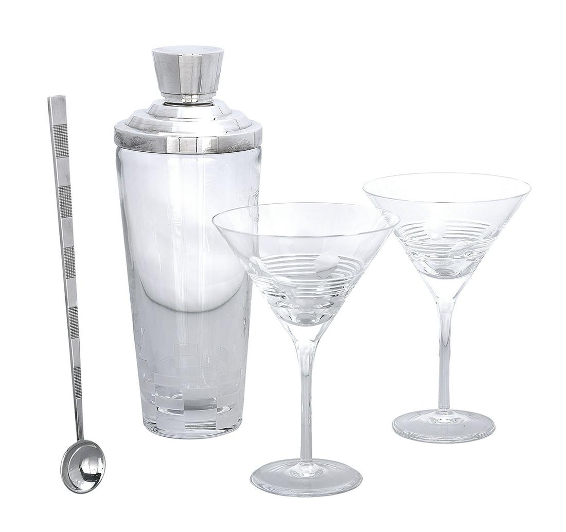 Christofle Crystal & Silverplate Cocktail Service: Christofle Crystal and Silverplate Cocktail Service including: a "Collection 3000" glass and silverplate cocktail shaker; a "Collection 3000" silverplate cocktail spoon; and a pair of "Atalante" marti