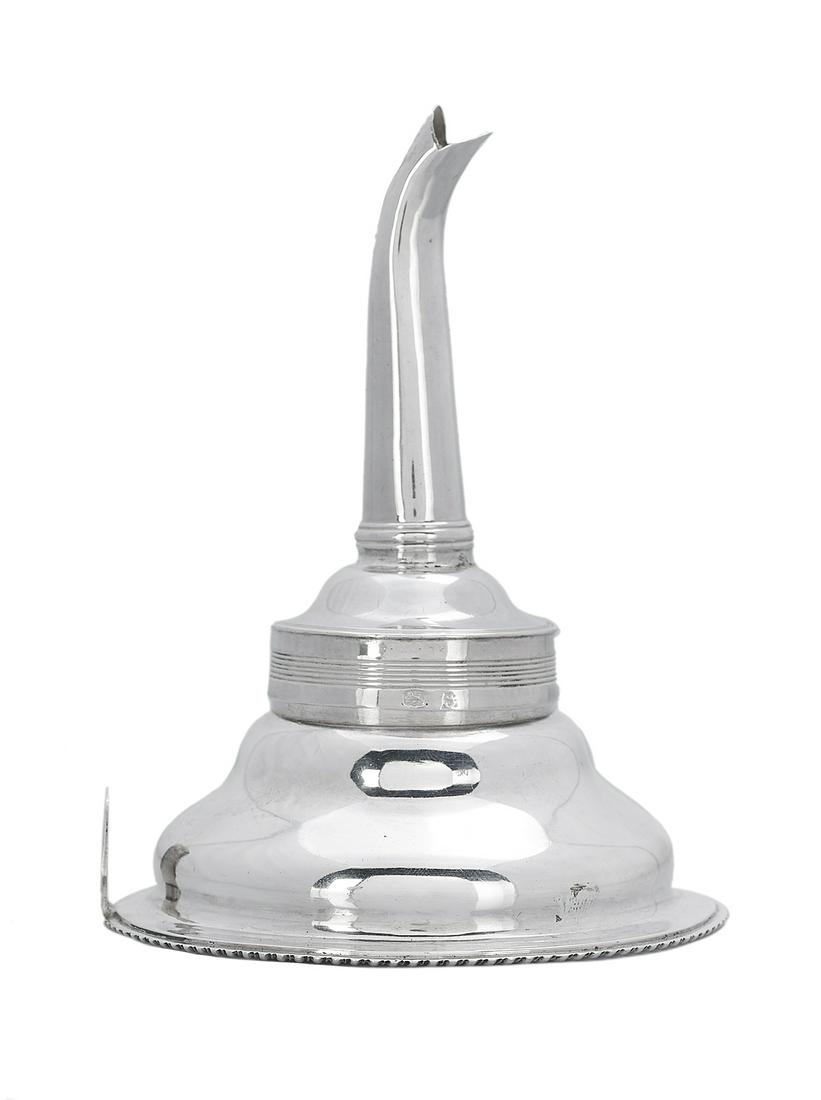 George IV Sterling Silver Wine Funnel: George IV Sterling Silver Wine Funnel hallmarked London, 1822-1823, by Thomas Johnson, with gadrooned rim, the funnel proper with reeded band, including the interior screen frame, but lacking the mesh