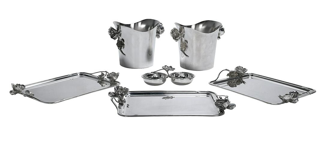 Christofle "Anemone" Drink Serving Set: Six-Piece Christofle "Anemone-Belle Epoque" Silverplate Drink Serving Set contemporary, after the 1902 design, including: a pair of champagne buckets, h. 9-1/4", w. 12", d. 8-3/4"; a double cocktail s