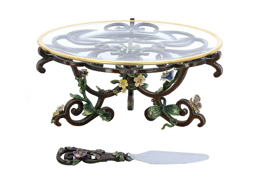 Jay Strongwater "Bloom" Cake Stand and Server: Jay Strongwater "Bloom" Cake Stand and Server contemporary, New York, enamel and Swarovski crystals, each with a scrolling brown frame decorated with flowers and butterflies, the stand with gilt-rimme