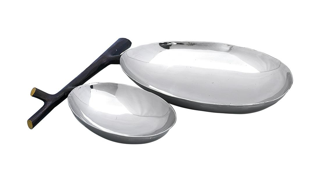 Michael Aram Double Condiment Dish: Michael Aram Double Condiment Dish contemporary, with two sizes of silverplate bowls joined to a patinated bronze stem. l. 8", w. 7-1/2"