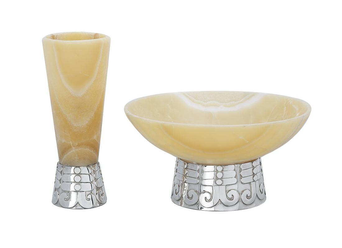 Two Pieces of Emilia Castillo Alabaster Tableware: Two Pieces of Emilia Castillo Sterling Silver-Mounted Alabaster Tableware contemporary, Taxco, Mexico, including a center bowl and vase, each with a body carved from a single piece of alabaster and ra