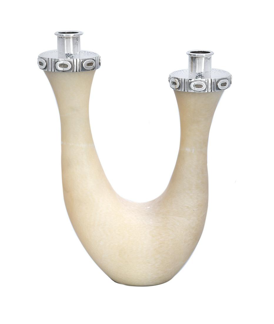 Emilia Castillo Alabaster Candelabrum: Emilia Castillo Sterling Silver-Mounted Alabaster Candelabrum contemporary, Taxco, Mexico, the stylized double-gourd body carved from a single piece of alabaster, fitted with two silver rings with ovo