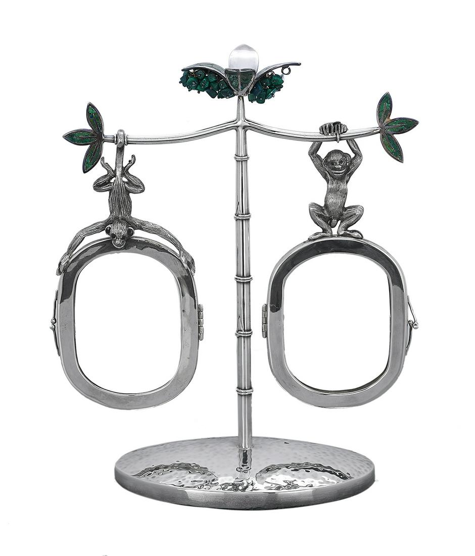 Emilia Castillo "Swinging Monkeys" Picture Frame: Emilia Castillo Silverplate "Swinging Monkeys" Picture Frame contemporary, Taxco, Mexico, comprising a central "bamboo" standard surmounted by malachite leaves and fruit, with two projecting branches