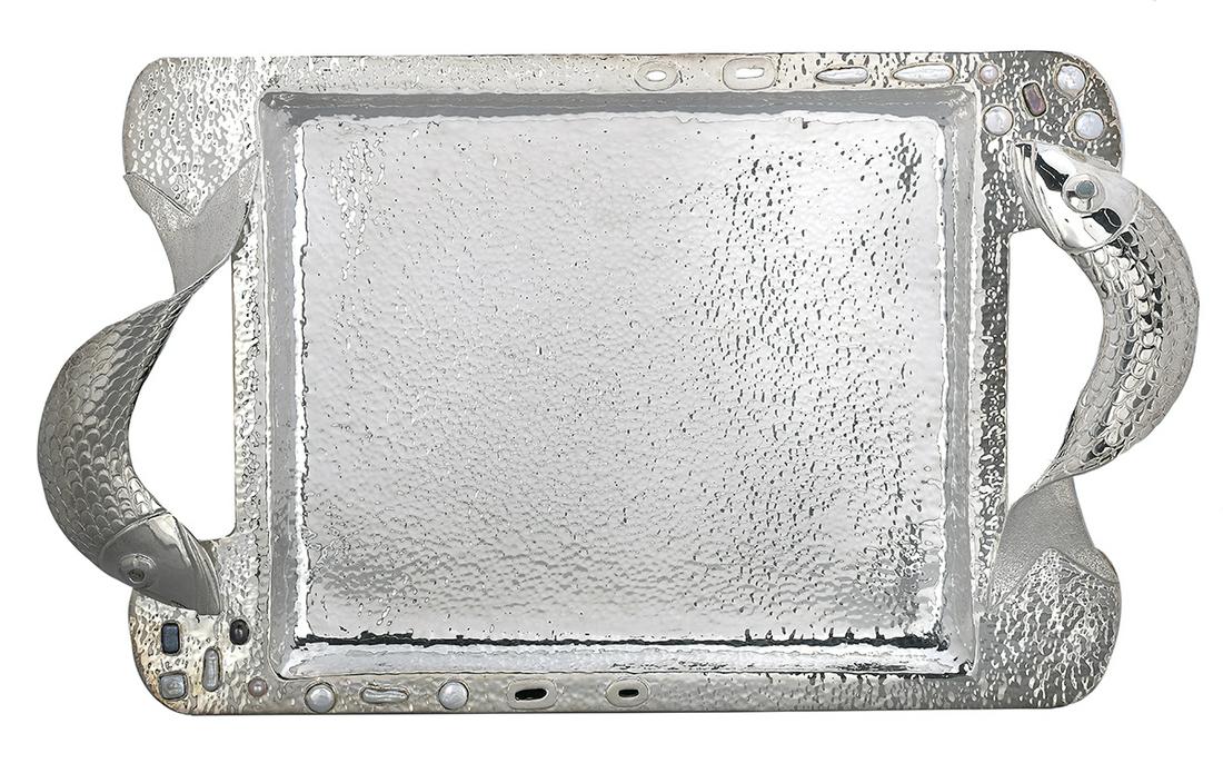 Emilia Castillo Silverplate "Fish" Tray: Emilia Castillo Silverplate "Fish" Tray contemporary, Taxco, Mexico, of rectangular form with hammered finish, the sides with collets, some openwork and others set with oyster and abalone nacre, the h
