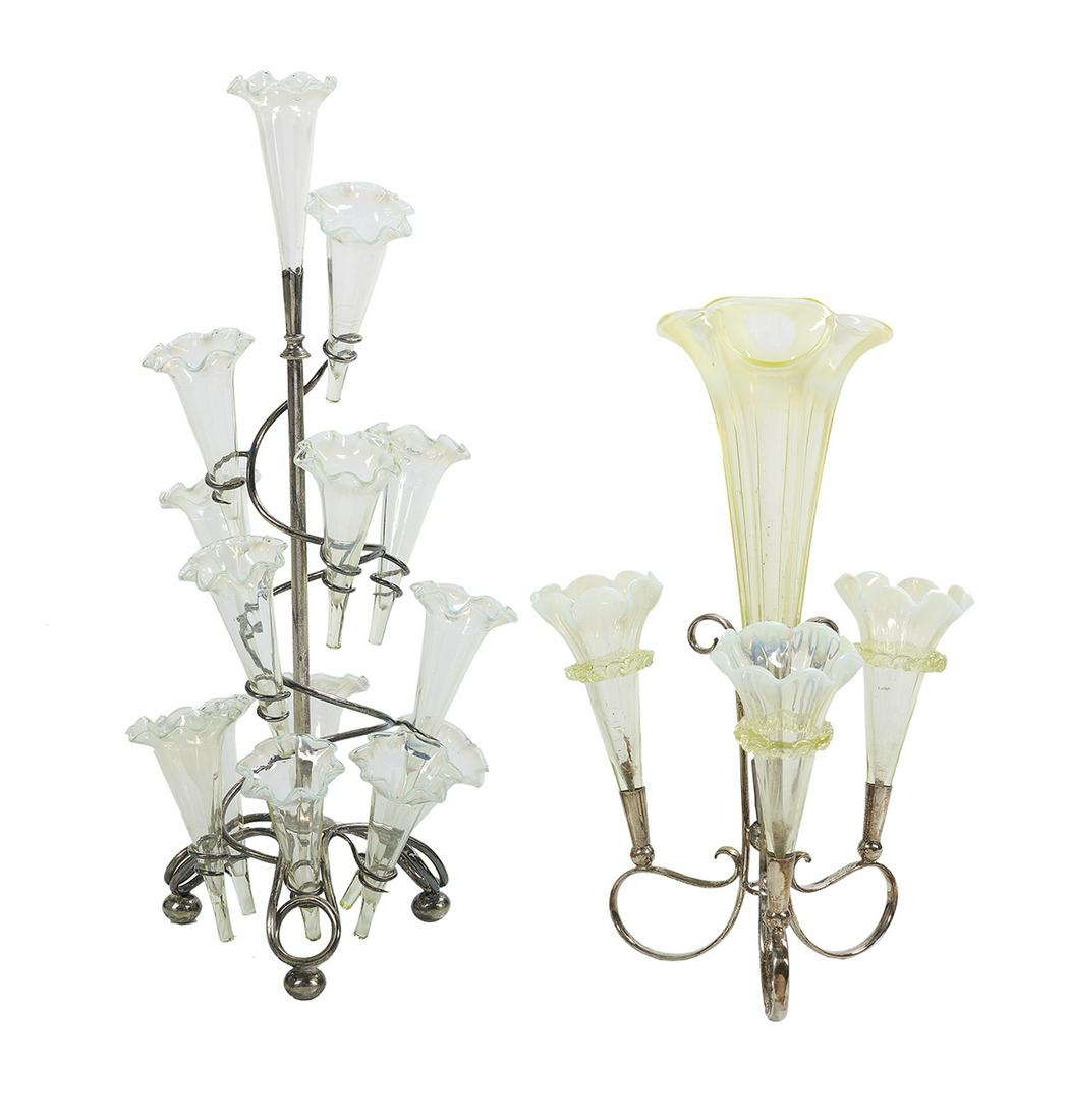 Two Bohemian Silverplate and Glass Epergnes: Two Bohemian Silverplate and Glass Epergnes ca. 1900, one example mounted with vaseline glass trumpet vases with opalescent edges, h. 14-1/2", dia. 9-1/2", and the other example mounted with colorless