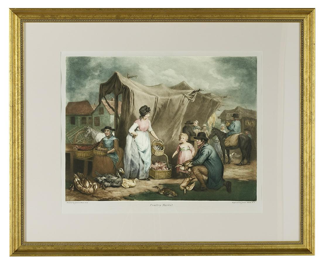 After James Ward, R.A., (British, 1769-1859): After James Ward, R.A. (British, 1769-1859) "Poultry Market" 19th-century mezzotint in colors engraved by James Ward, R.A., artist and title printed lower margin. Matted, glazed and framed. sight 17-1