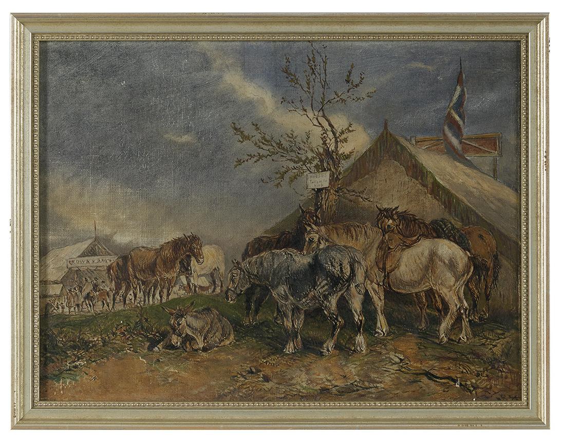 School of James Ward, (British, 1769-1859): School of James Ward (British, 1769-1859) "Military Horse and Mule Donkey Camp" oil on canvas unsigned. Framed. 11-3/4" x 15-1/2", framed 13-1/4" x 17-1/8" Provenance: Bruce McCashin Collection.