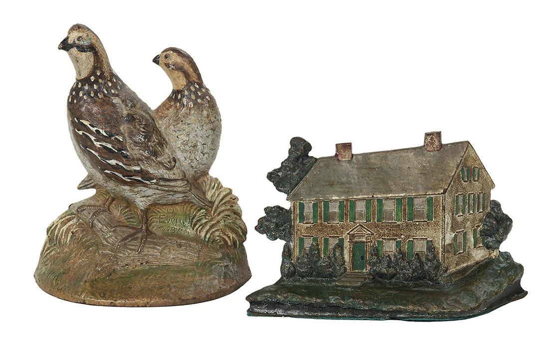 Painted Cast Iron Doorstops: Painted Cast Iron Doorstops early 20th century, Hubley quail doorstop, marked "Everett 34", h. 7-3/4", w. 6", d. 2-1/2", Nathanael Greene House doorstop, h. 5", w. 7-3/4", d. 2" Provenance: Bruce McCa