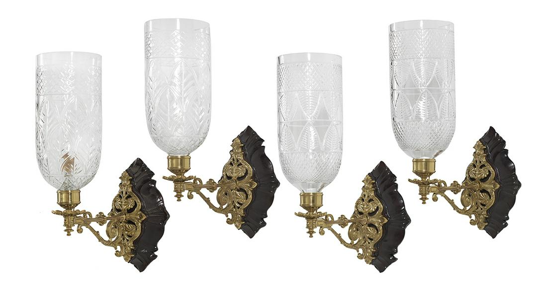 Four Rococo-Style Brass, Mahogany & Glass Sconces (1 of 5)