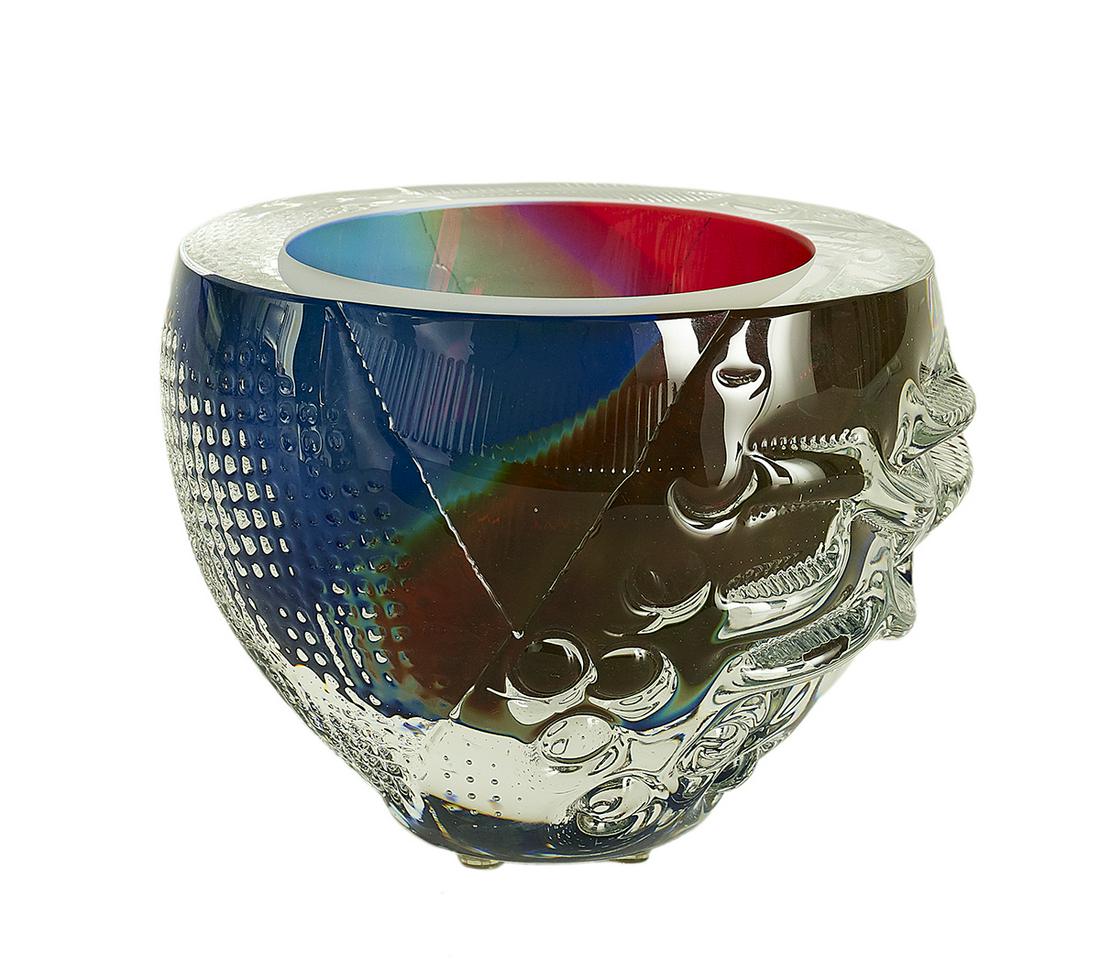 Leon Applebaum (American/Ohio, b. 1945): Leon Applebaum (American/Ohio, b. 1945) "Textured Vessel" blown and formed glass swirls of red, green and blue within a clear body, incised signature at bottom. h. 7-1/2", widest dia. 7-1/2"