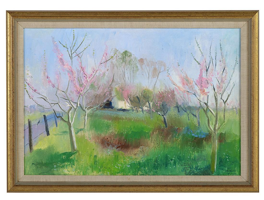 Mildred Nungester Wolfe (American/MS, 1912-2009): Mildred Nungester Wolfe (American/Mississippi, 1912-2009) "Peach Orchard", 1966 oil on canvas signed and dated lower right, titled on stretcher. Framed. 18" x 26-1/4", framed 21-1/2" x 29-3/4"