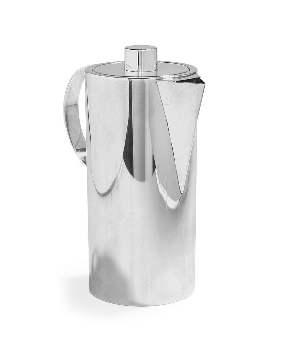 Swid Powell (est. 1982) Sterling Silver Pitcher: Swid Powell (est. 1982) Sterling Silver Pitcher for Calvin Klein, New York, manufactured by Guido Galbiati, Milan, of cylindrical form, with triangular spout, strap "C" handle, and flat fitted lid wit