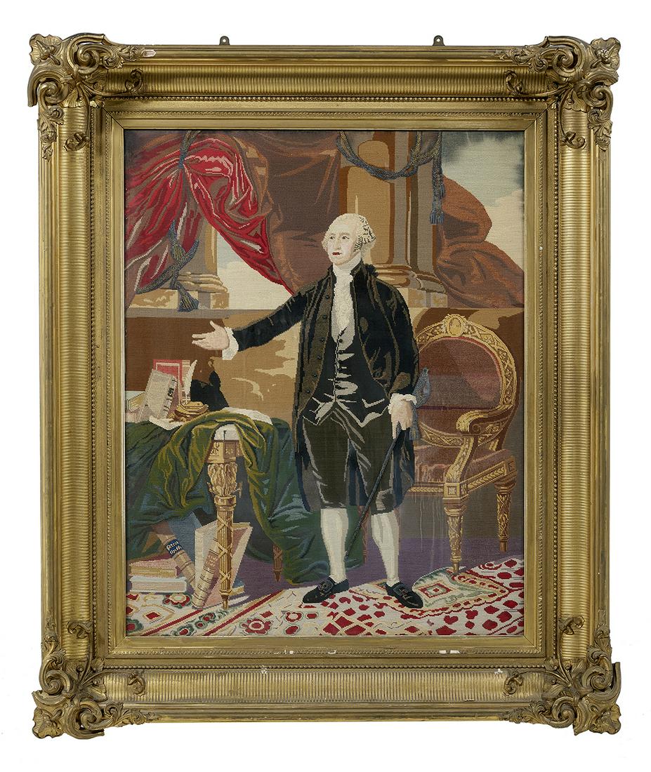 Berlin Woolwork Portrait of George Washington: Impressive American Berlin Woolwork Portrait of George Washington early 20th century, in a variety of stitches, including tent and half cross, rendered in wool, cotton, silk, chenille, and metallic th