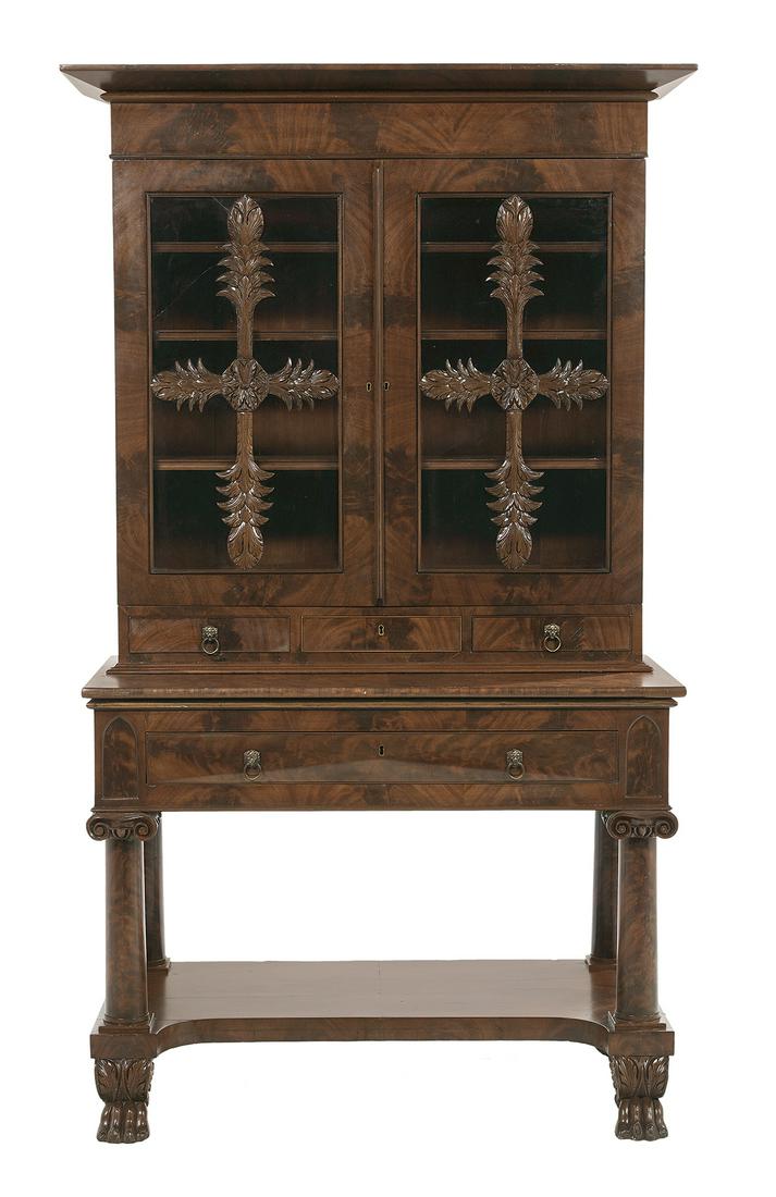 American Classical Mahogany Bookcase with Stand: American Classical Mahogany Bookcase with Stand ca. 1835, Baltimore, attributed to Anthony Jenkins, in two parts, the upper section with a projecting cornice over a pair of glazed doors, each mounted 