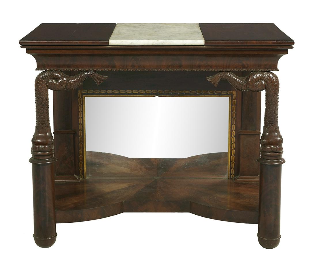 American Classical Stenciled Mahogany Pier Table: American Classical Stenciled Mahogany Pier Table ca. 1825, Philadelphia, school of Anthony Quervelle, the top centered by an inset marble, over a cove-molded frieze with a carved bottom edge, supporte