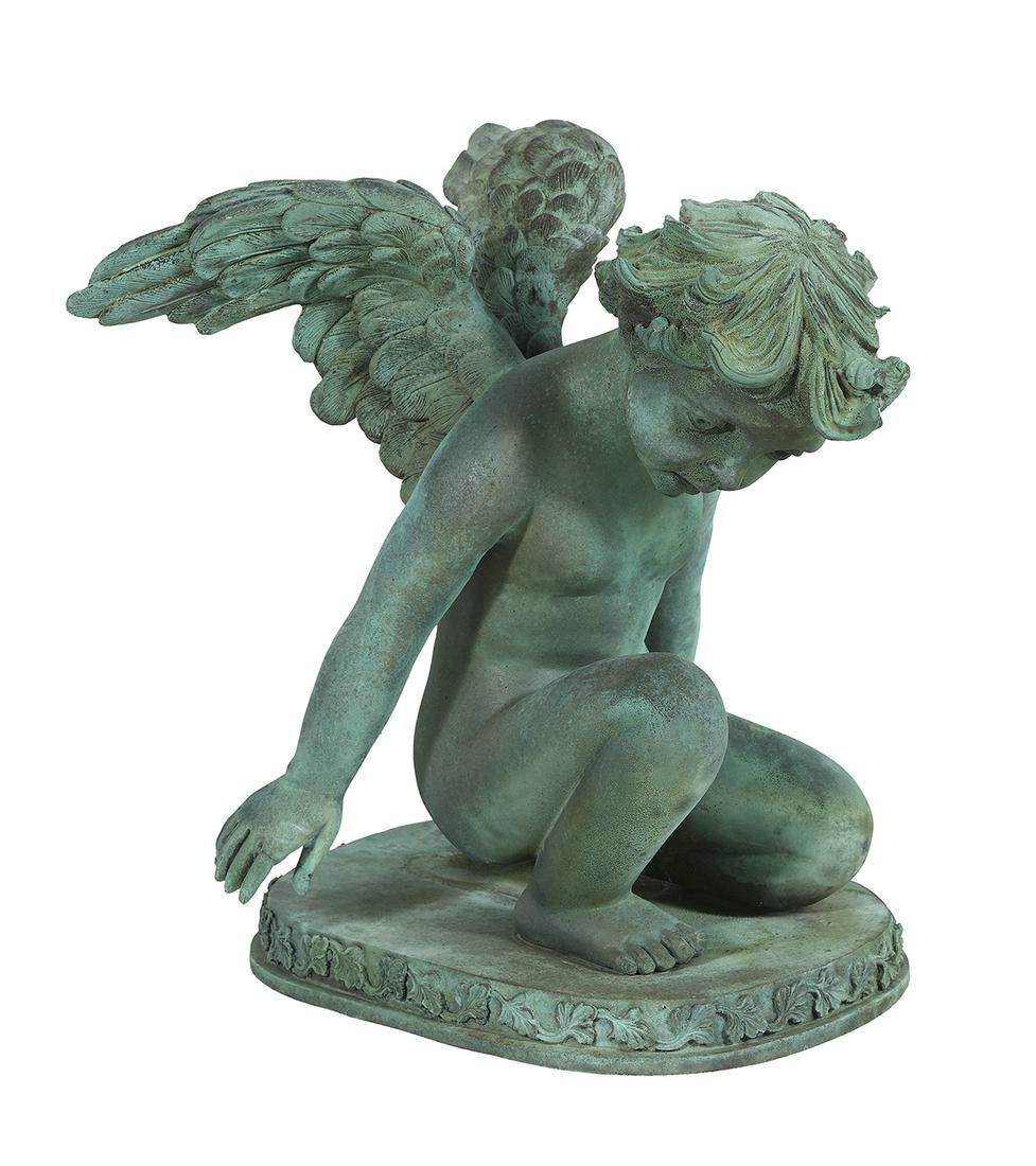 Continental Bronze Figure of a Cherub: Continental Verdigris-Patinated Bronze Figure of a Cherub 20th century, the winged figure modeled kneeling. h. 21", w. 18", d. 22"