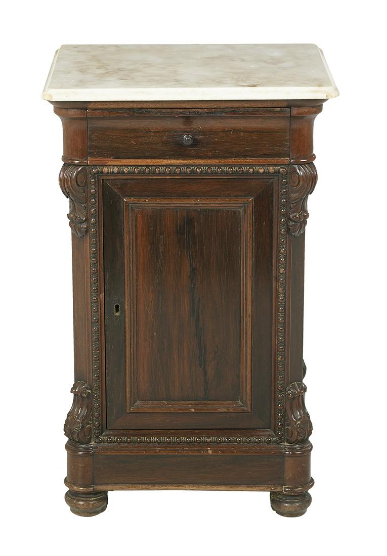 American Rococo Revival Rosewood Night Stand: American Rococo Revival Rosewood Night Stand third quarter 19th century, of the style frequently sold in New Orleans by vendors such as P. Mallard or the McCracken firm, the marble top over a molded f