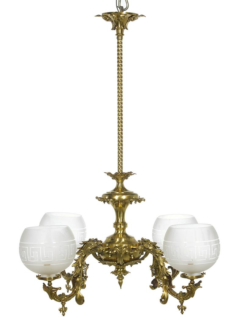Rococo Revival Gilt-Brass Gasolier: Rococo Revival Gilt-Brass Gasolier mid-19th century, Philadelphia, attributed to Cornelius, suspended from a quilted standard and a scroll-mounted body, decorated with scrollwork and lattice panels, a
