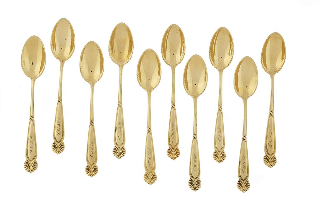 Ten Tiffany & Co. 18K Gold Demitasse Spoons: Rare Set of Ten Tiffany & Co. 18K Gold Demitasse Spoons the pattern introduced ca. 1895, probably Paulding Farnham (1859-1927), New York, New York, each monogrammed "H.C.B. Jr." and dated on the rever