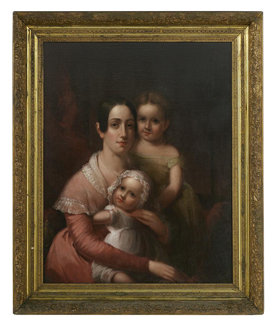 Chester Harding (US, 1792-1866): Chester Harding (American, 1792-1866) "Portrait of Mrs. McDonnell and Daughters Cora Ann and Alice", ca. 1842 oil on canvas unsigned. Framed. 36-3/8" x 29-1/8", framed 43" x 35-3/4" Provenance: With t