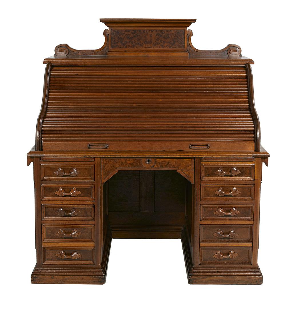 American Renaissance Revival Walnut Rolltop Desk: American Renaissance Revival Burl Walnut Rolltop Desk third quarter 19th century, the top with a back gallery above an S-curved tambour roll, opening to a fitted interior with an inset burgundy leathe