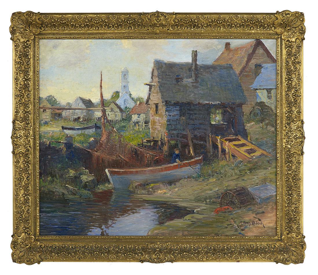 George Ames Aldrich (US/Indiana, 1872-1941): George Ames Aldrich (American/Indiana, 1872-1941) "Pulling on to the Riverbank" oil on canvas signed lower right. Framed. 30" x 36", framed 37-1/2" x 43-1/2"