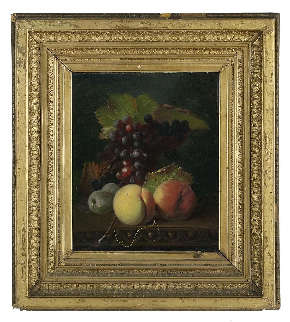 J. Vrancx (Belgian, 19th Century): J. Vrancx (Belgian, 19th Century) "Still Life of Grapes, Plums and Peaches" oil on wood panel signed lower left, verso with two hand-inscribed labels and a "Provenant de la succession de Mme Helleputt