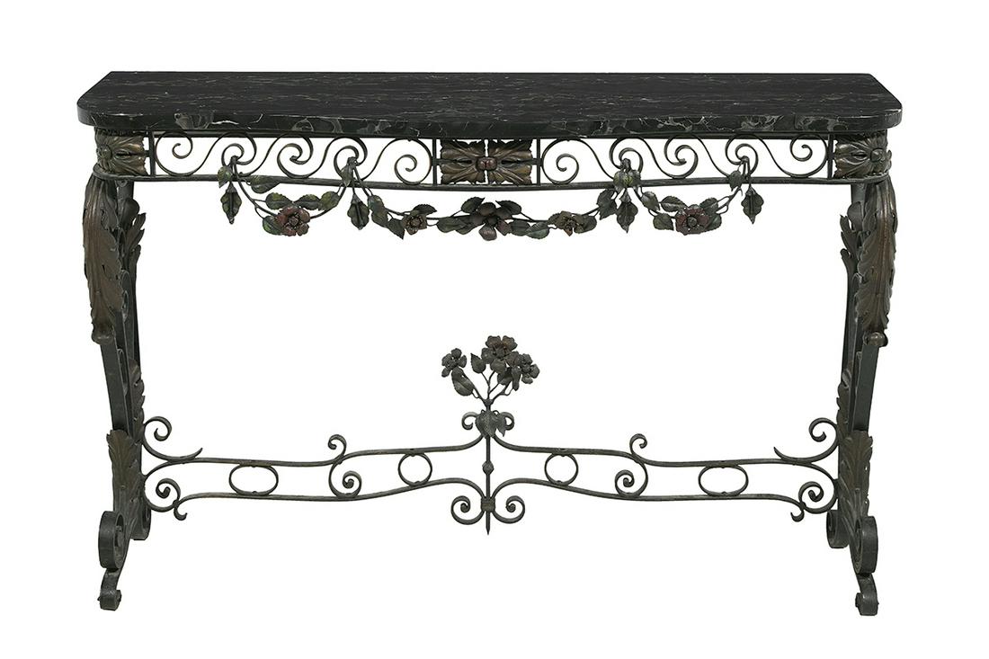 Polychrome Wrought Iron and Marble-Top Console: Polychrome Wrought Iron and Marble-Top Console first quarter 20th century, in the manner of Oscar Bach (German/New York, 1884-1957), the shaped Egyptian marble top above a conforming frieze with a swi