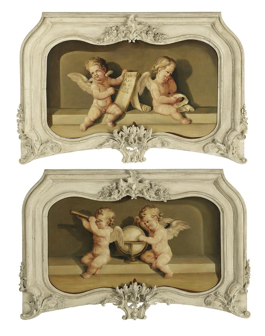 Continental/English School (1st 1/4 20th Century): Continental/English School (First Quarter 20th Century) "Allegory of the Arts and Sciences" pair of oils on canvas unsigned. Presented in decorative shaped frames with acanthus reliefs. 26" x 43-1/2",