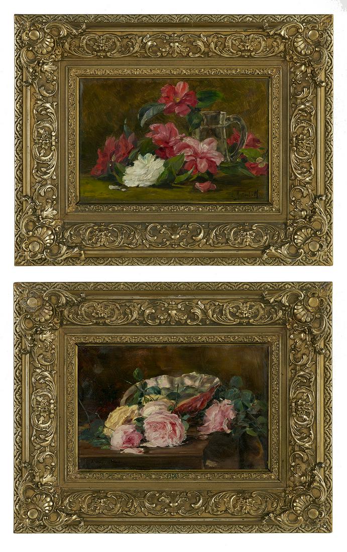 Leonie Mottard van Marcke (Belgian, 1862-1936): Leonie Mottard van Marcke (Belgian, 1862-1936) "Nature Morte aux Fleurs" pair of oils on canvas each signed. In matching period, ornate giltwood frames. each 11" x 16-1/4", framed 21" x 26-3/4"