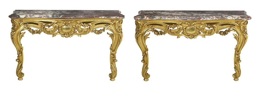 Pair of Louis XV-Style Marble-Top Console Tables: Fine Pair of Louis XV-Style Giltwood and Marble-Top Console Tables early 20th century, each with its original shaped Breche Violette marble top above a conforming pierce-carved foliate frieze centered
