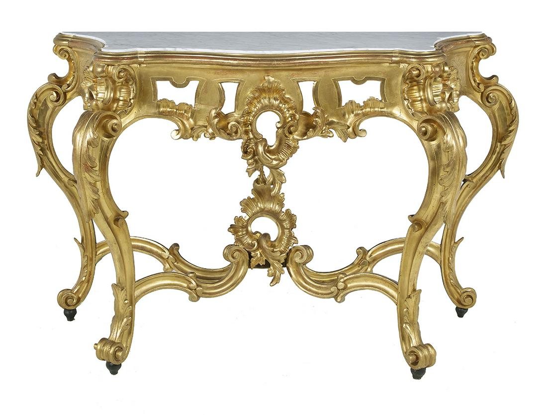 Louis XV-Style Marble-Top Console Table: Louis XV-Style Giltwood and Marble-Top Console Table the inset marble top with a serpentine front, projecting ovolo corners and concave sides, in a conforming frame with asymmetrical pierced carving, 