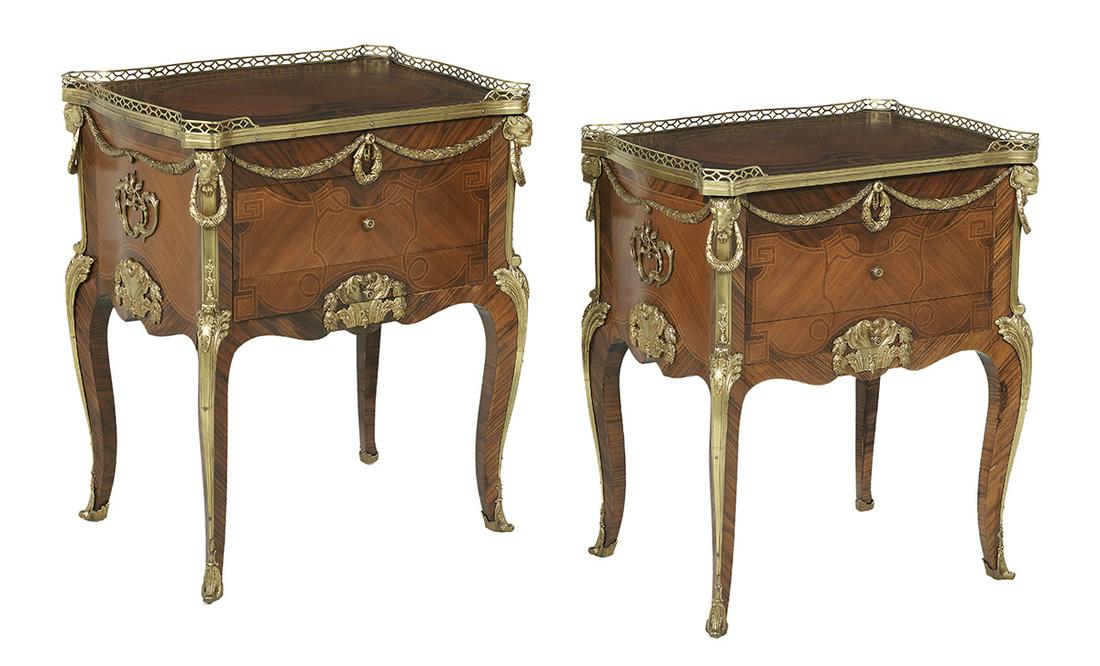 Pair of Louis XV-Style Kingwood Side Tables: Pair of Louis XV-Style Ormolu-Mounted Kingwood Side Tables early 20th century, in the manner of Paul Sormani, the inlaid top with a three-quarter pierced brass gallery and projecting canted corners wi