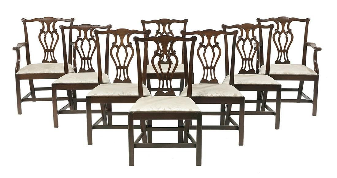 Eight George III-Style Mahogany Dining Chairs: Suite of Eight George III-Style Mahogany Dining Chairs early 20th century, consisting of two armchairs and six side chairs, each with a shaped crest rail, pierced splat and raised on Marlborough legs,
