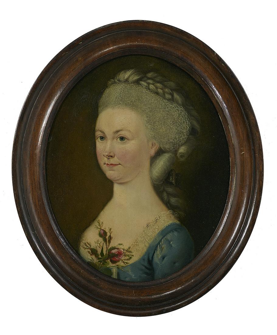 British School (18th Century): British School (18th Century) "Portrait of a Lady in a Blue Silk Dress" oil on copper unsigned. Framed. 12-1/4" x 9-1/2", framed 14-1/2" x 12-3/8"
