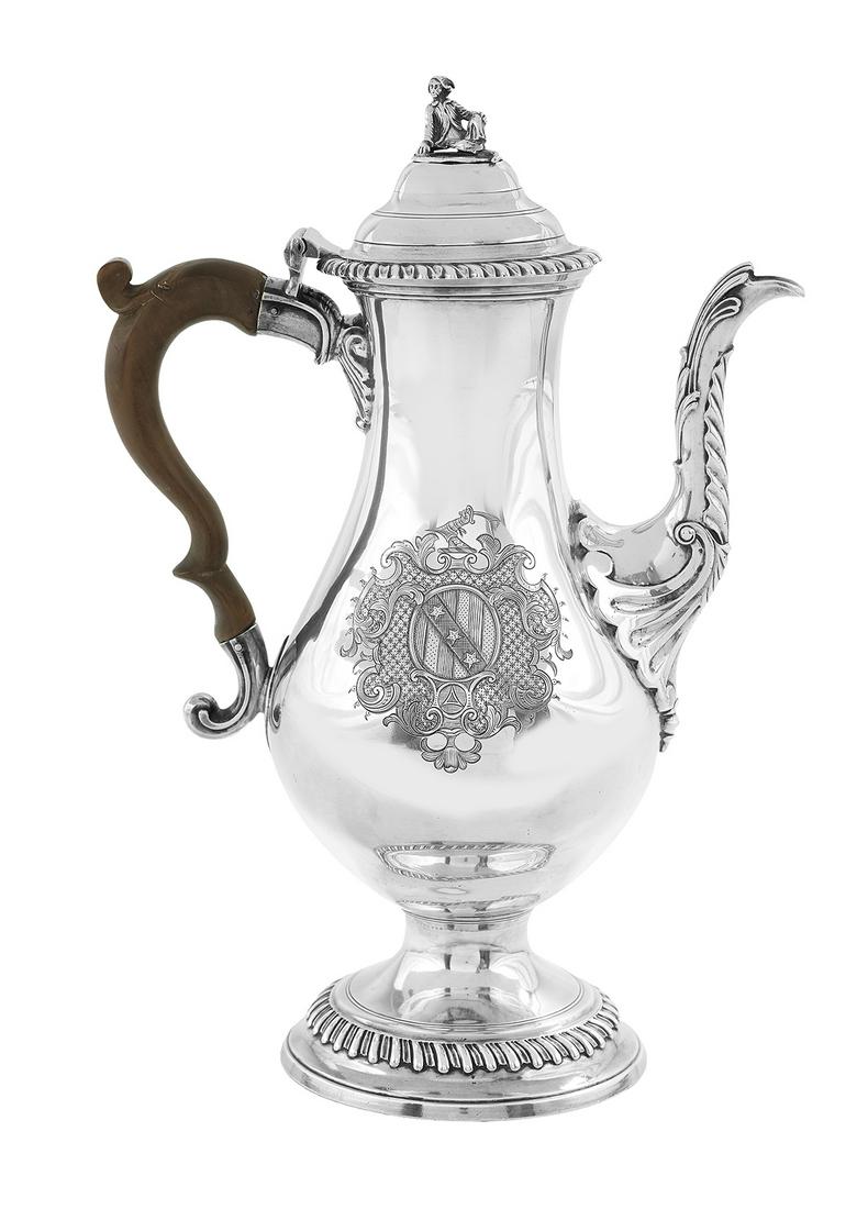 Early George III Sterling Silver Chocolate Pot: Early George III Sterling Silver Chocolate Pot hallmarked London, 1767-1768, by the unidentified WF/IK, the pear-shaped body with elaborate palmette- and acanthus-mounted gooseneck spout and domed, ga