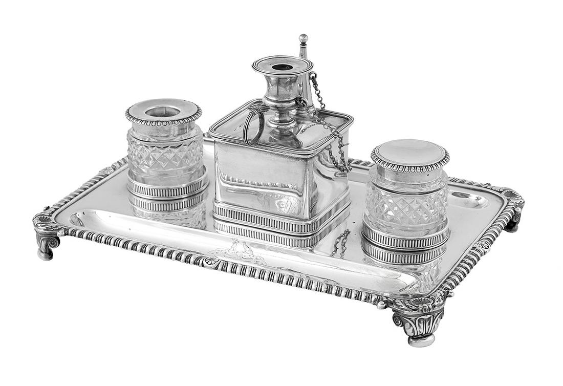 Regency Paul Storr Sterling Silver Inkstand: Regency Paul Storr Sterling Silver Inkstand hallmarked London, 1812-1813, of rectangular form with gadrooned rim and shell and scroll corners, fitted with a central nibs box with taperstand lid with r