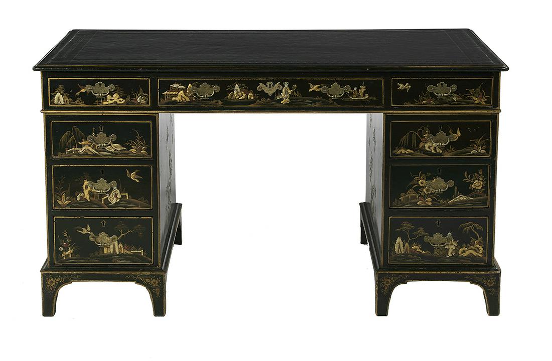 George III-Style Chinoiserie Pedestal Desk: George III-Style Chinoiserie Black-Lacquered Pedestal Desk ca. 1900, the top with an inset tooled leather blotter, the front with a row of three drawers above two banks of three drawers each. h. 30-1/