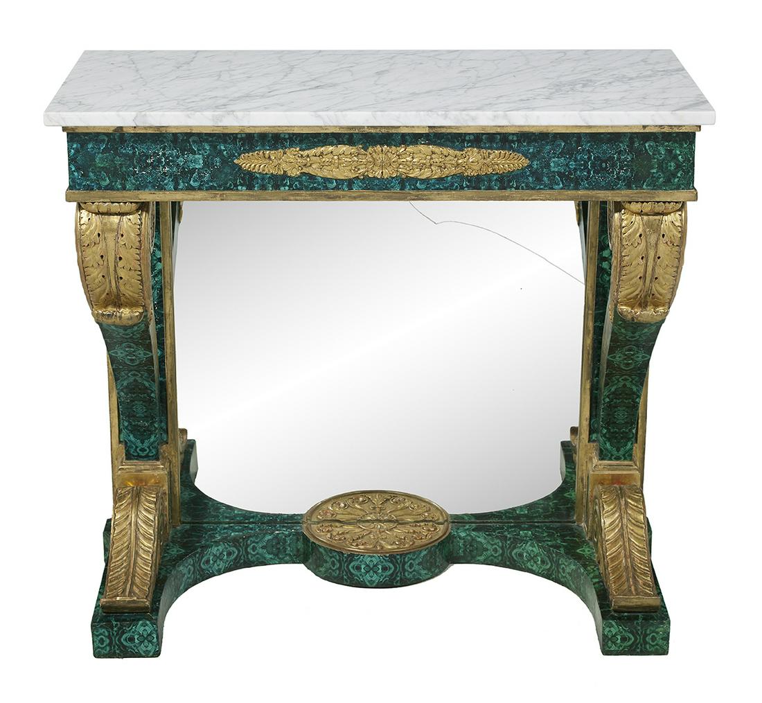 Regency Faux Malachite and Marble-Top Pier Table: Regency Faux Malachite, Parcel-Gilt and Marble-Top Pier Table second quarter 19th century, the variegated white marble top over a patera- and foliate-carved frieze, above a mirrored support, joined to