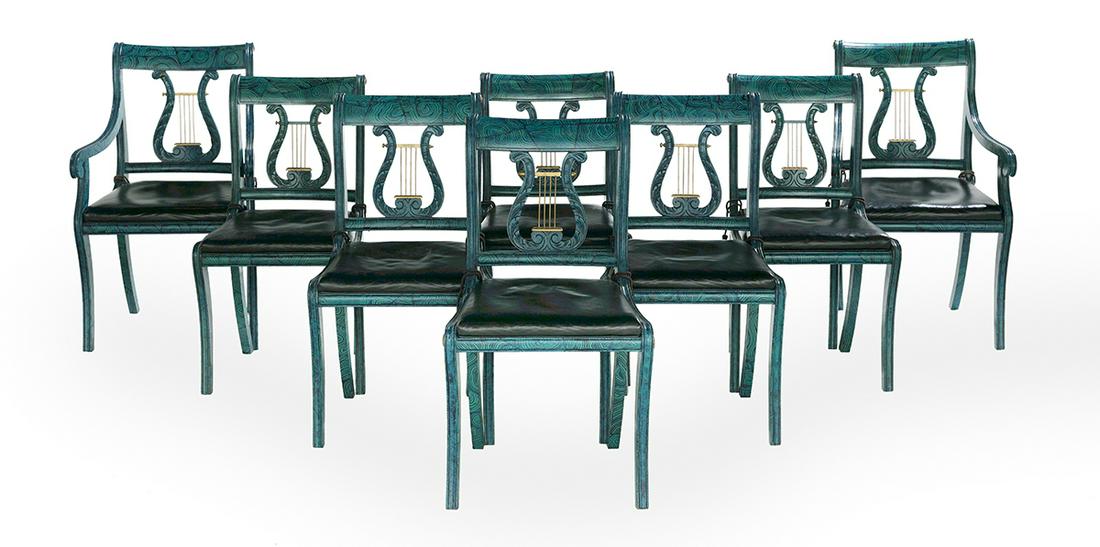Eight Faux Malachite & Parcel-Gilt Dining Chairs: Suite of Eight Faux Malachite and Parcel-Gilt Dining Chairs in the Regency taste, comprised of a pair of armchairs and six side chairs, each with a concave top rail over a lyre-carved splat, molded st