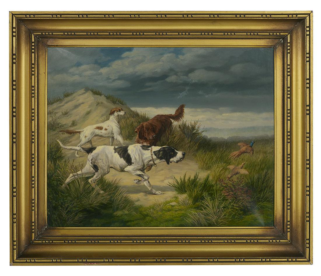 Francois Veroustraete (Belgian, 1858-1930): Francois Veroustraete (Belgian, 1858-1930) "On the Scent" oil on canvas signed lower left. Framed. 24-1/4" x 26-3/4", framed 29-1/4" x 34-1/2"