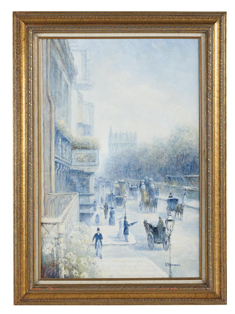 Gail Sherman Corbett (US, 1871-1952): Gail Sherman Corbett (American, 1871-1952) "Rainy Day on the Boulevard" oil on canvas signed lower right. Framed. 36" x 24", framed 41" x 32"