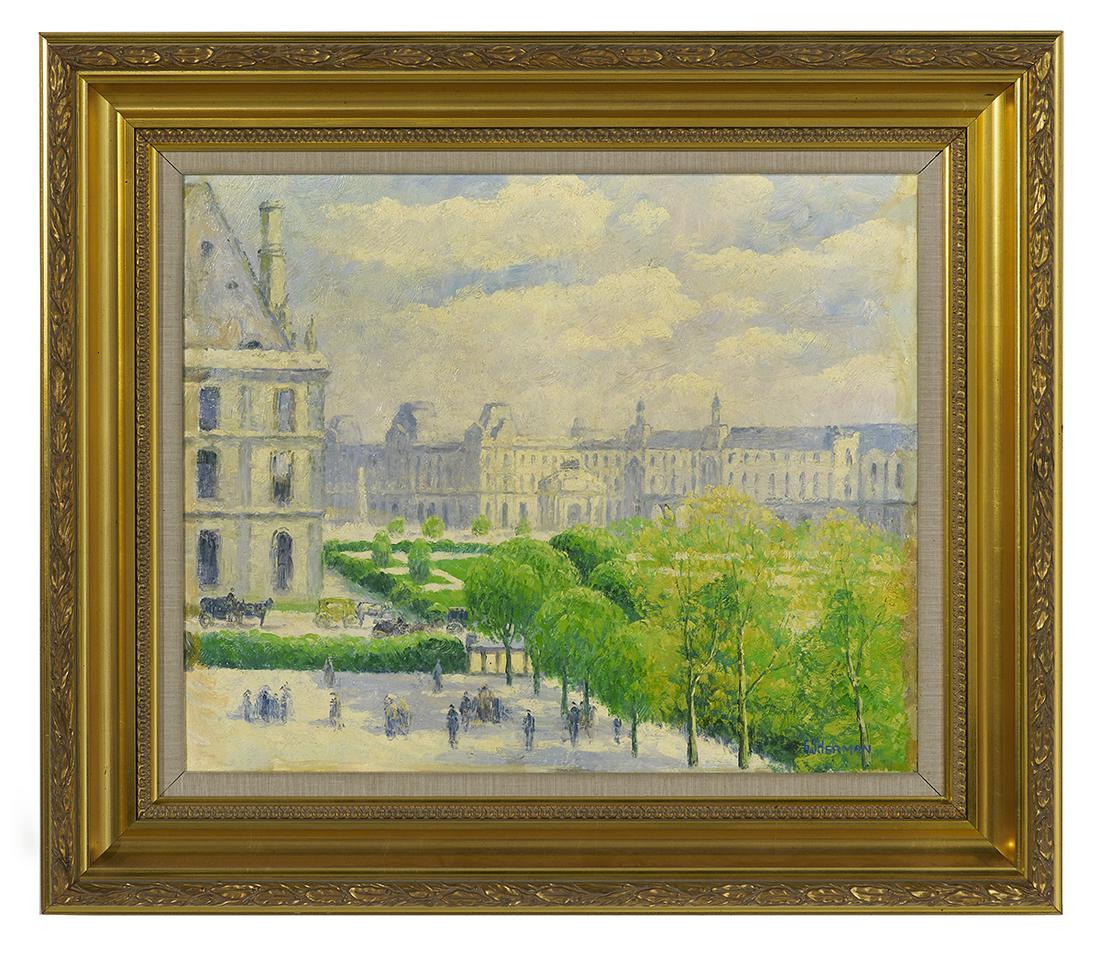 Gail Sherman Corbett (US, 1871-1952): Gail Sherman Corbett (American, 1871-1952) "View of the Louvre from the Tuileries Garden" oil on canvas signed lower right. Framed. 21" x 25-1/2", framed 30-1/2" x 35"