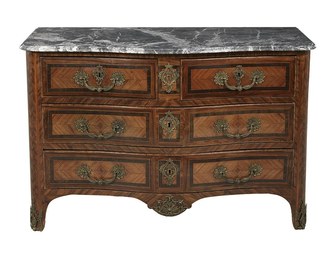 Regence-Style Kingwood and Marble-Top Commode: Regence-Style Kingwood and Marble-Top Commode 19th century, the rectangular top with a bowed center section, above a conforming case fitted with two short drawers over two long drawers, all quarter-ve