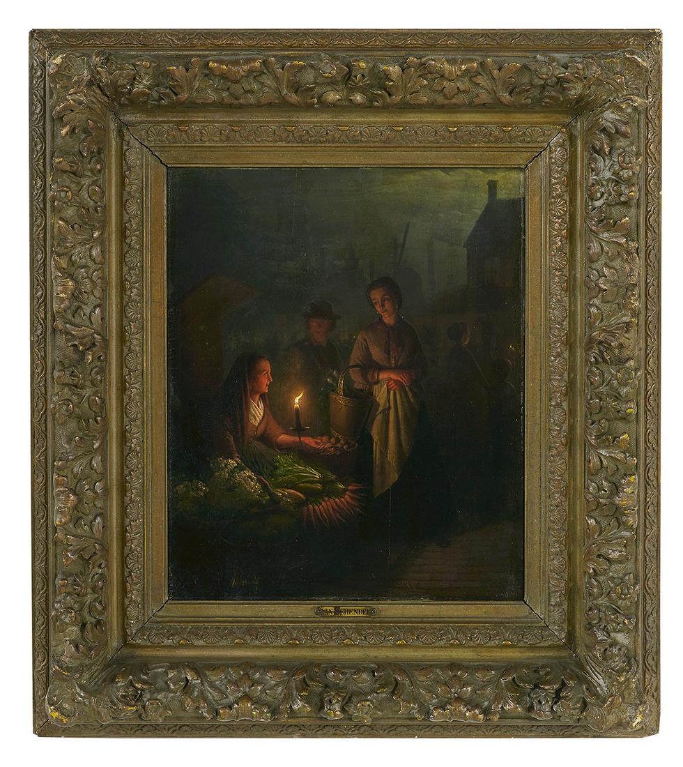 Sch. of Petrus van Schendel (Belgian, 1806-1870): School of Petrus van Schendel (Belgian, 1806-1870) "Market Scene by Candlelight" oil on wood panel backed by cradleboard unsigned. Framed. 19-1/4" x 15-3/6", framed 30" x 27"