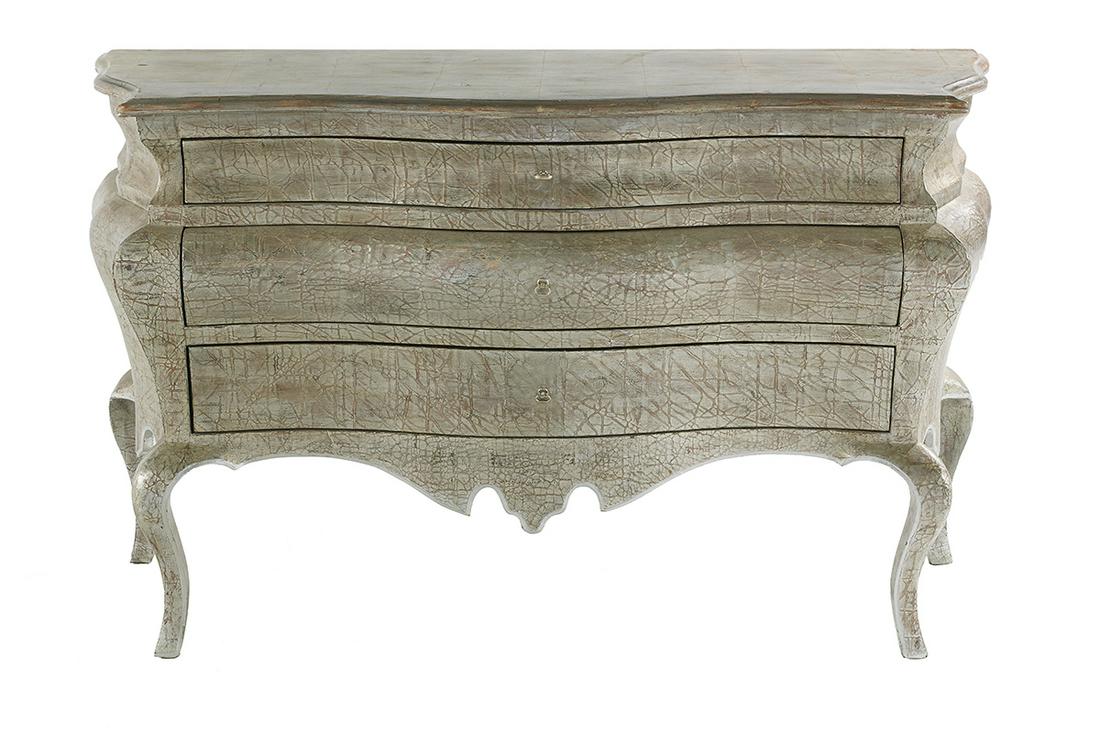 Venetian-Style Silver-Leaf Bombe Commode: Venetian-Style Silver-Leaf Bombe Commode the serpentine top with a molded edge, over a conforming case fitted with three drawers, above a carved apron, raised on cabriole legs ending in block hoof fee