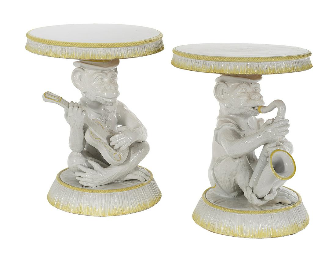 Pair of Amusing Italian Faience Monkey Tabourets: Pair of Amusing Italian Faience Monkey Tabourets second quarter 20th century, trimmed in yellow, one with a monkey playing a guitar and the other playing a saxophone, with molded fringe on the edges o