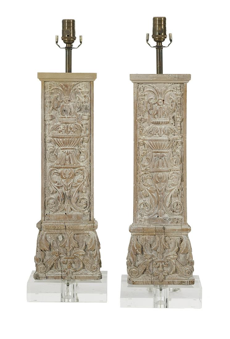 Pair of Carved Pine Architectural Fragments: Pair of Carved Pine Architectural Fragments ca. 1700 and later, now mounted as lamps, in the form of pilasters with composite capitals and panels of "scroll and urn" carving, mounted on acrylic bases.